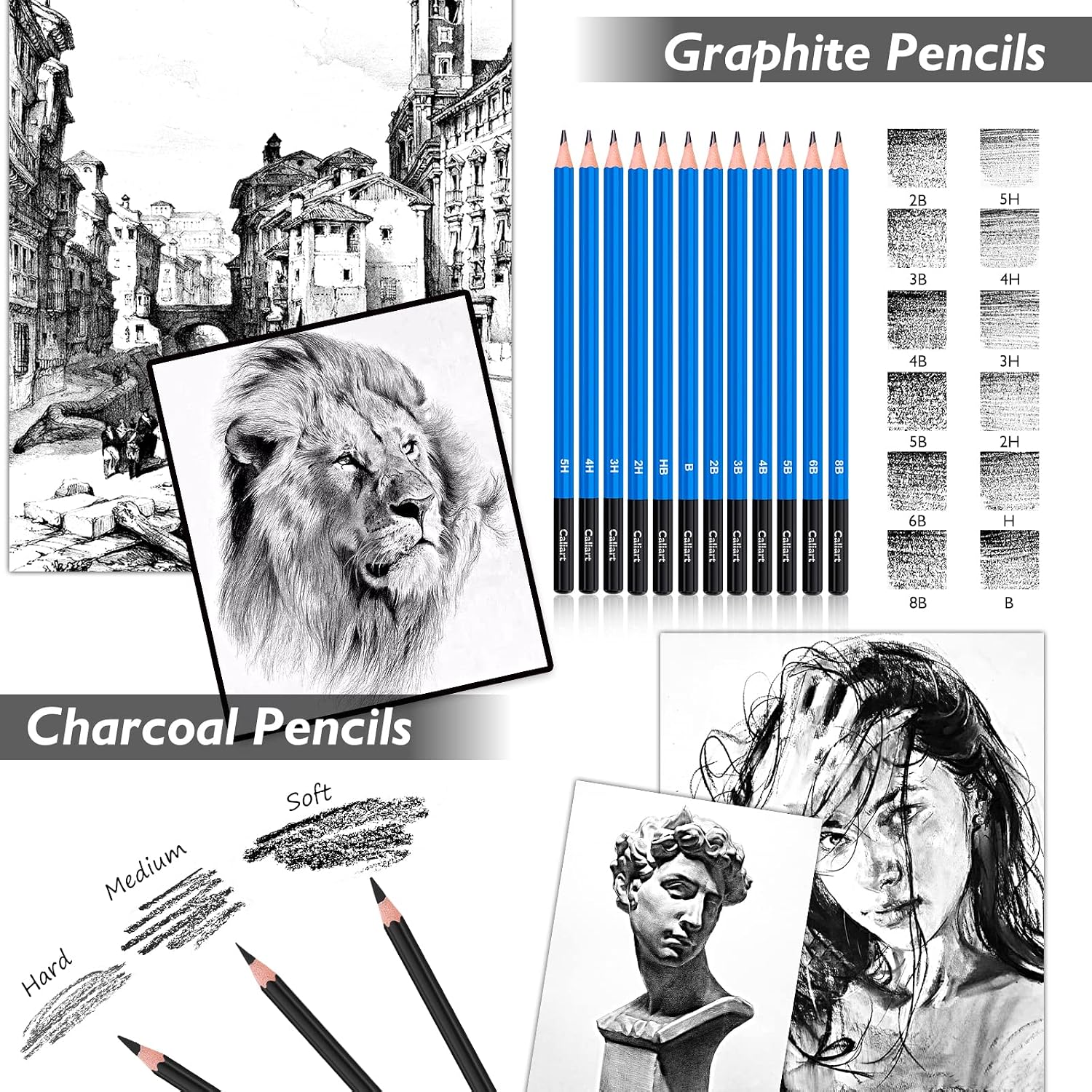 Caliart 176PCS Art Supplies Sketching Kit. 100 Sheets 3-Color Sketch Book | Graphite Colored Charcoal Watercolor & Metallic Pencils. Drawing Supplies Set Gifts for Adults Teens Girls Boys Kids - Image 4